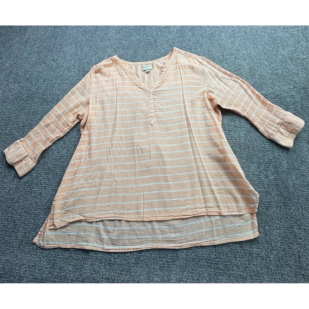 St. John's Bay Popover Tunic Women's XL Peach Stripe Cottagecore Sheer Coastal‎ - Picture 2 of 14